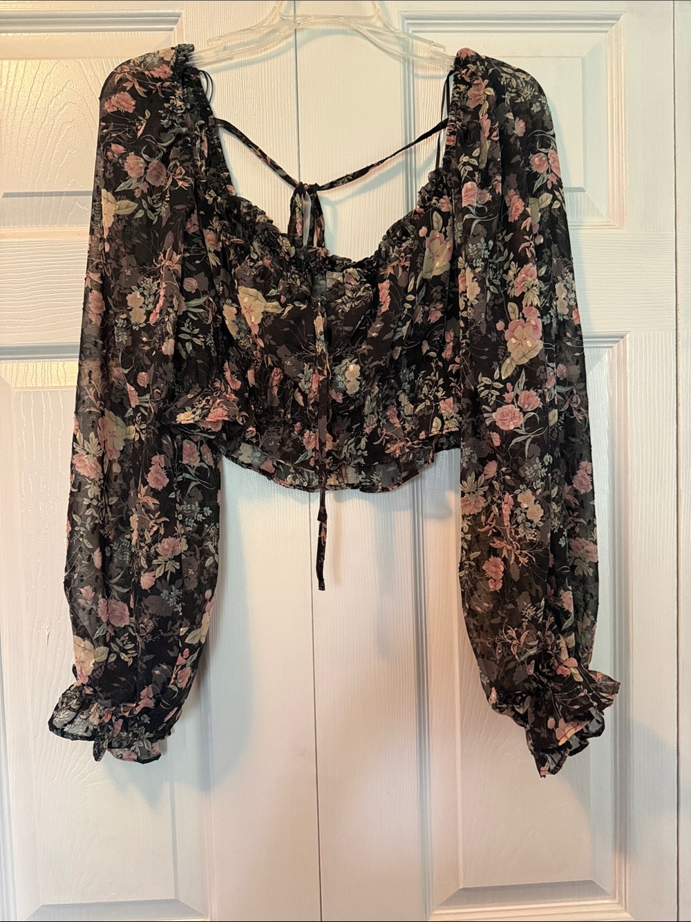Altar'd State Black Floral Sheer Tie-Back Puff Sleeve Crop Top